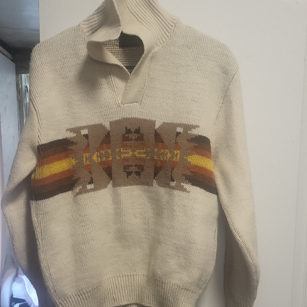 Men's Cream Sweater with Brown and Yellow Pattern